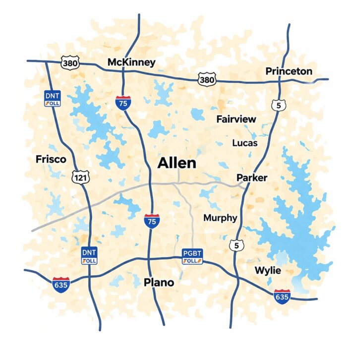 Allen TX tow truck service area map