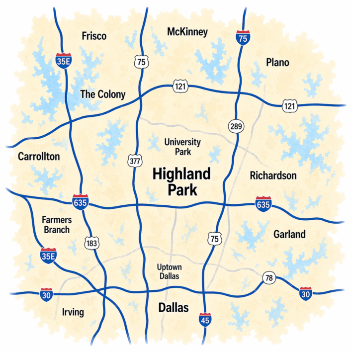 Highland Park TX tow truck service area map
