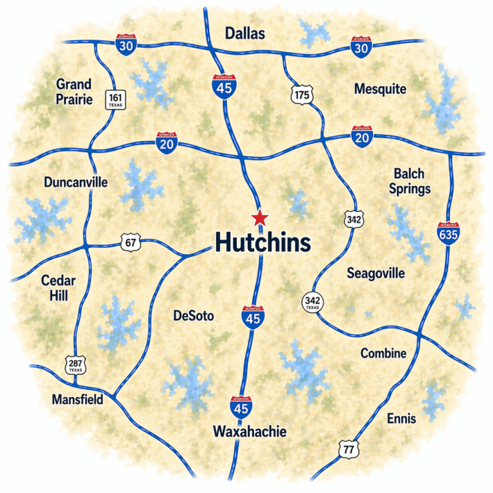 Hutchins TX tow truck service area map
