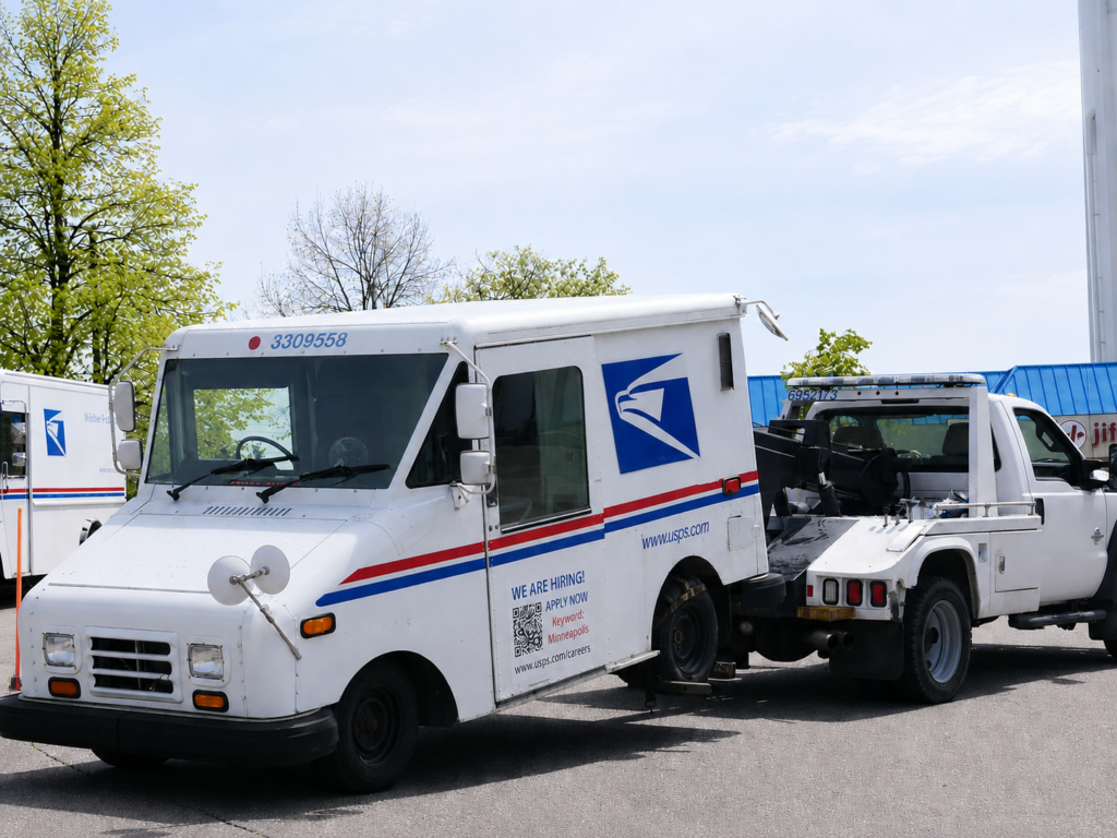 Towing tuck tows a post office car in Dallas TX